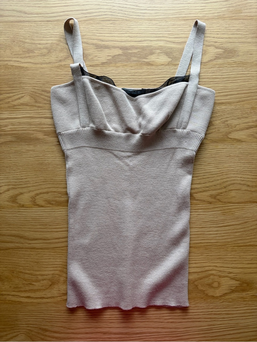 Alberta Ferretti Beige Wool Ribbed Knit Tank with Sweetheart Neckline and Silk